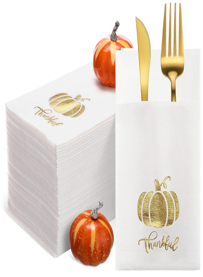 Janlaugh 100 Pcs Thanksgiving Napkins Disposable White and Gold Cloth Napkins with Pockets Fall Prefolded Pumpkin Paper Hand Towels for Autumn Thanksgiving Holiday Dinner Party Decor Supplies - Image 1
